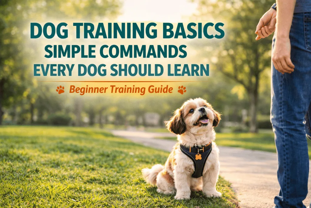 Dog training basics with simple commands for beginners and their dogs outdoors.
