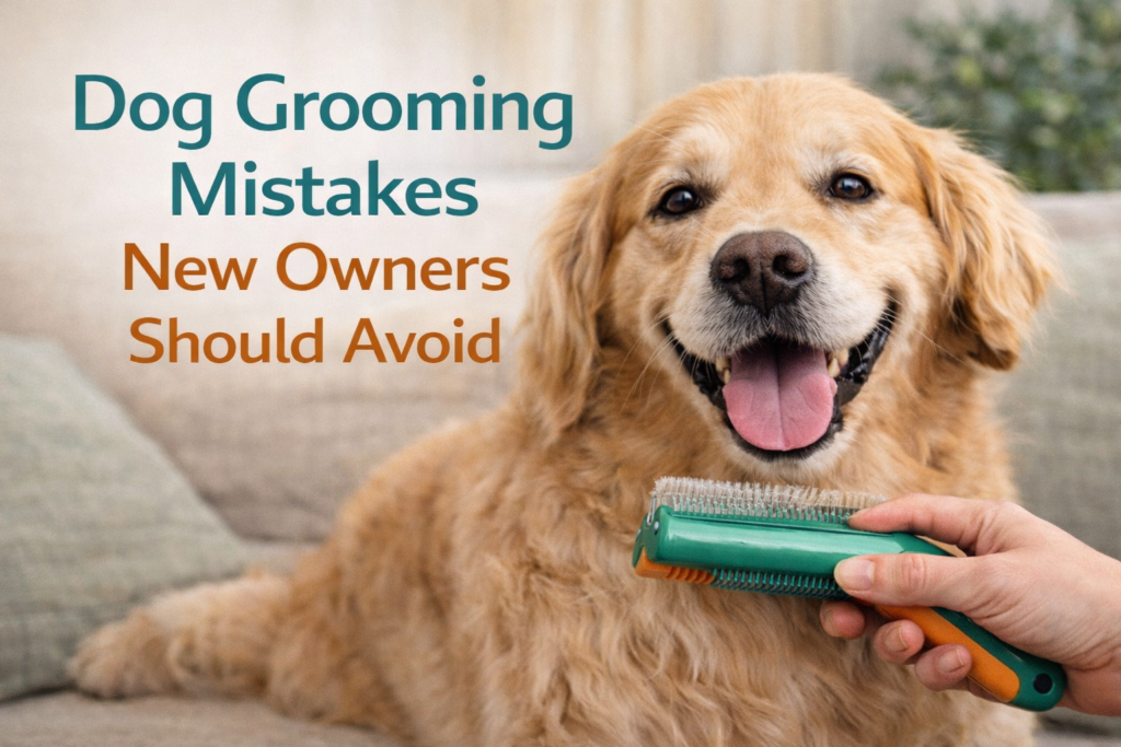 Dog being gently groomed at home to illustrate common grooming mistakes new owners should avoid
