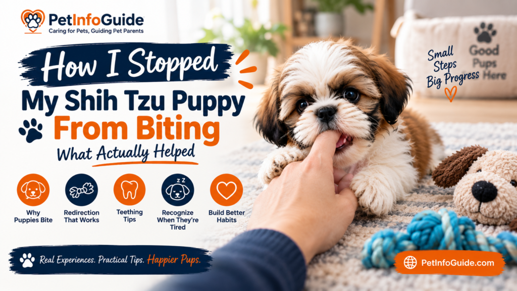 Shih Tzu puppy gently biting a person's hand while learning appropriate play and biting habits through positive training.